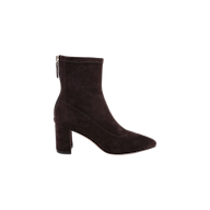 The Salome Stretch Suede Boot is shown in a side profile on a white background, featuring black suede material, a high block heel, pointed toe, and a back zipper.
