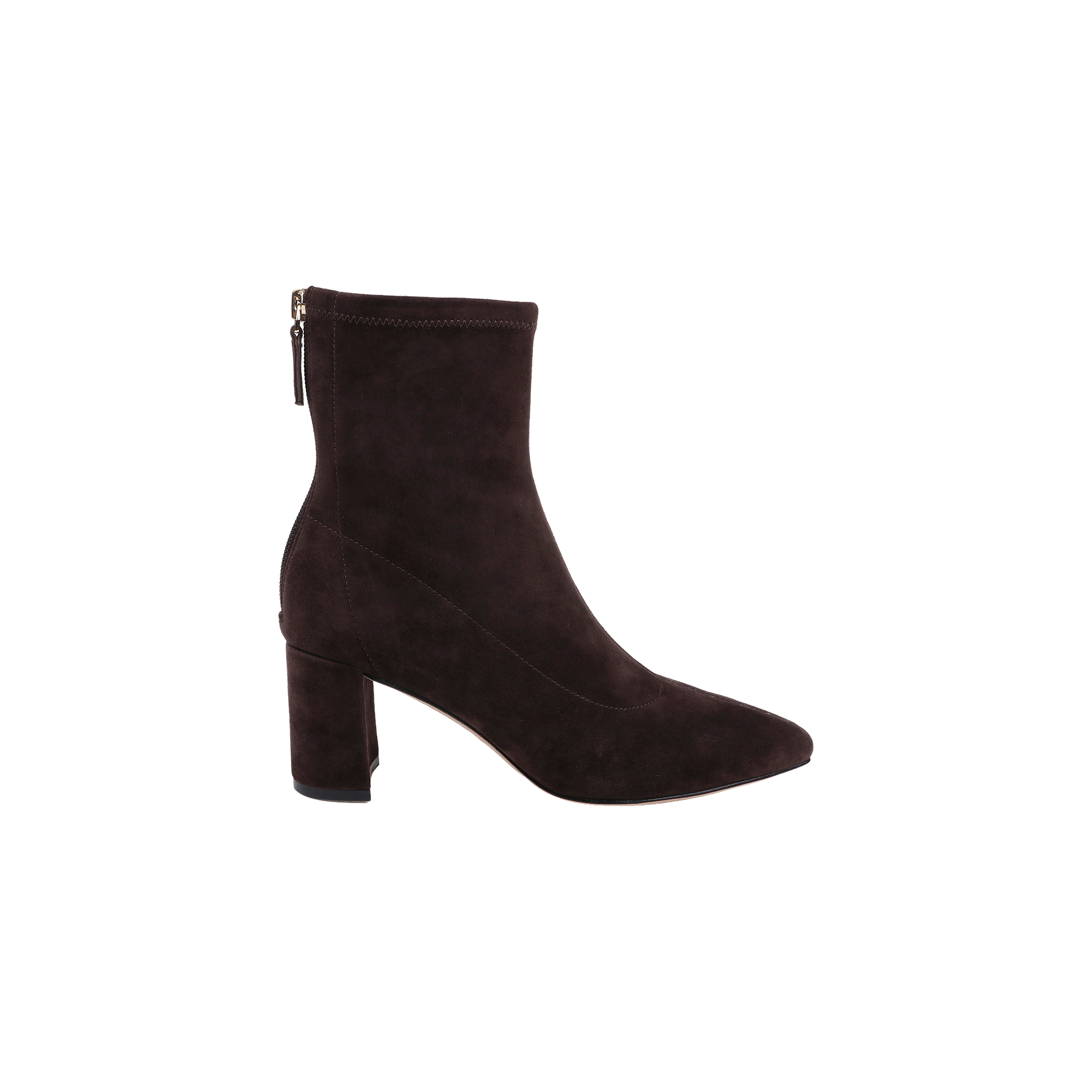 The Salome Stretch Suede Boot is shown in a side profile on a white background, featuring black suede material, a high block heel, pointed toe, and a back zipper.