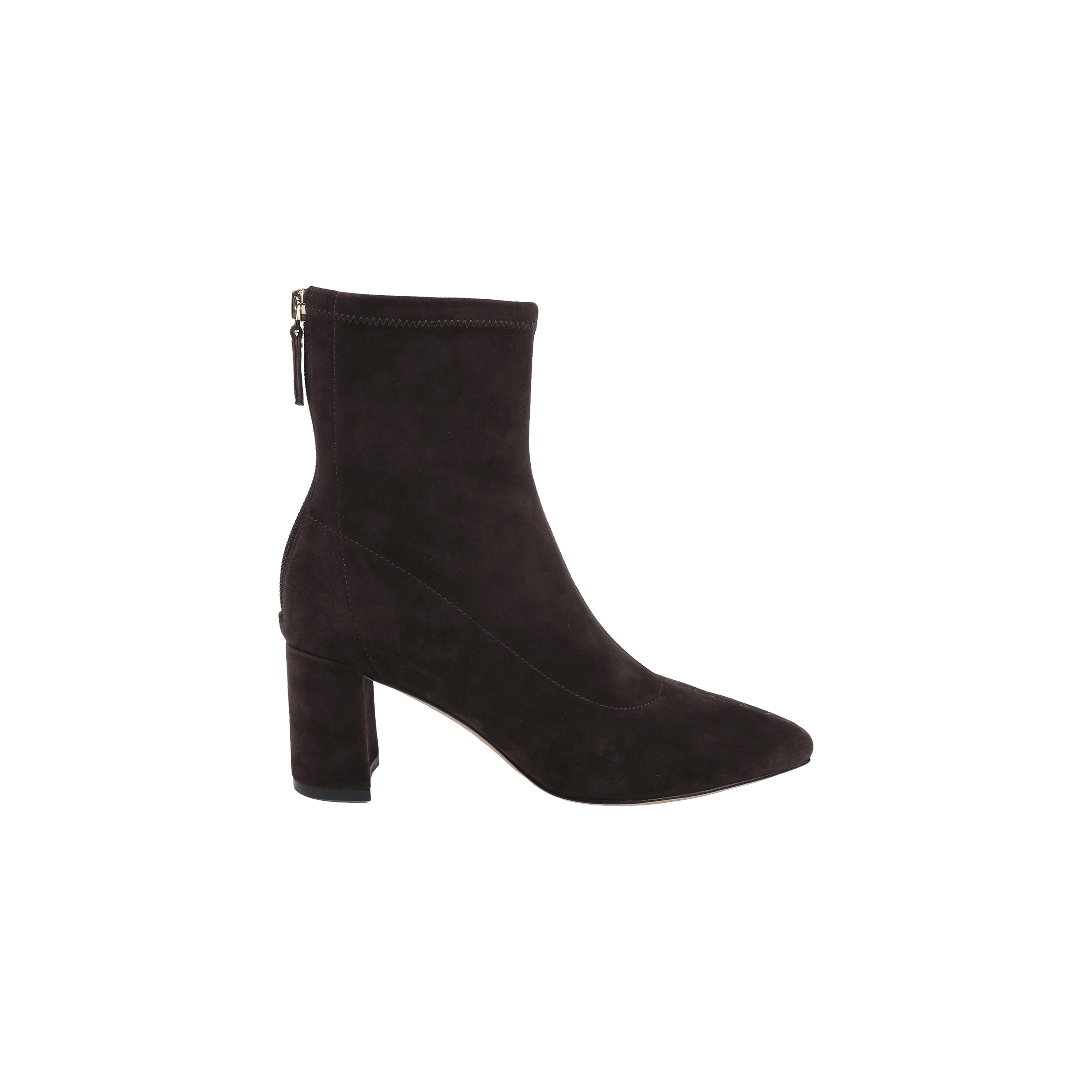 The Salome Stretch Suede Boot is shown in a side profile on a white background, featuring black suede material, a high block heel, pointed toe, and a back zipper.