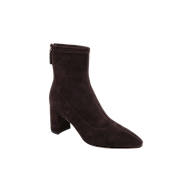 The Salome Stretch Suede Boot is a dark brown ankle boot crafted from suede, designed with a pointed toe, a mid-height block heel, and a convenient back zipper.