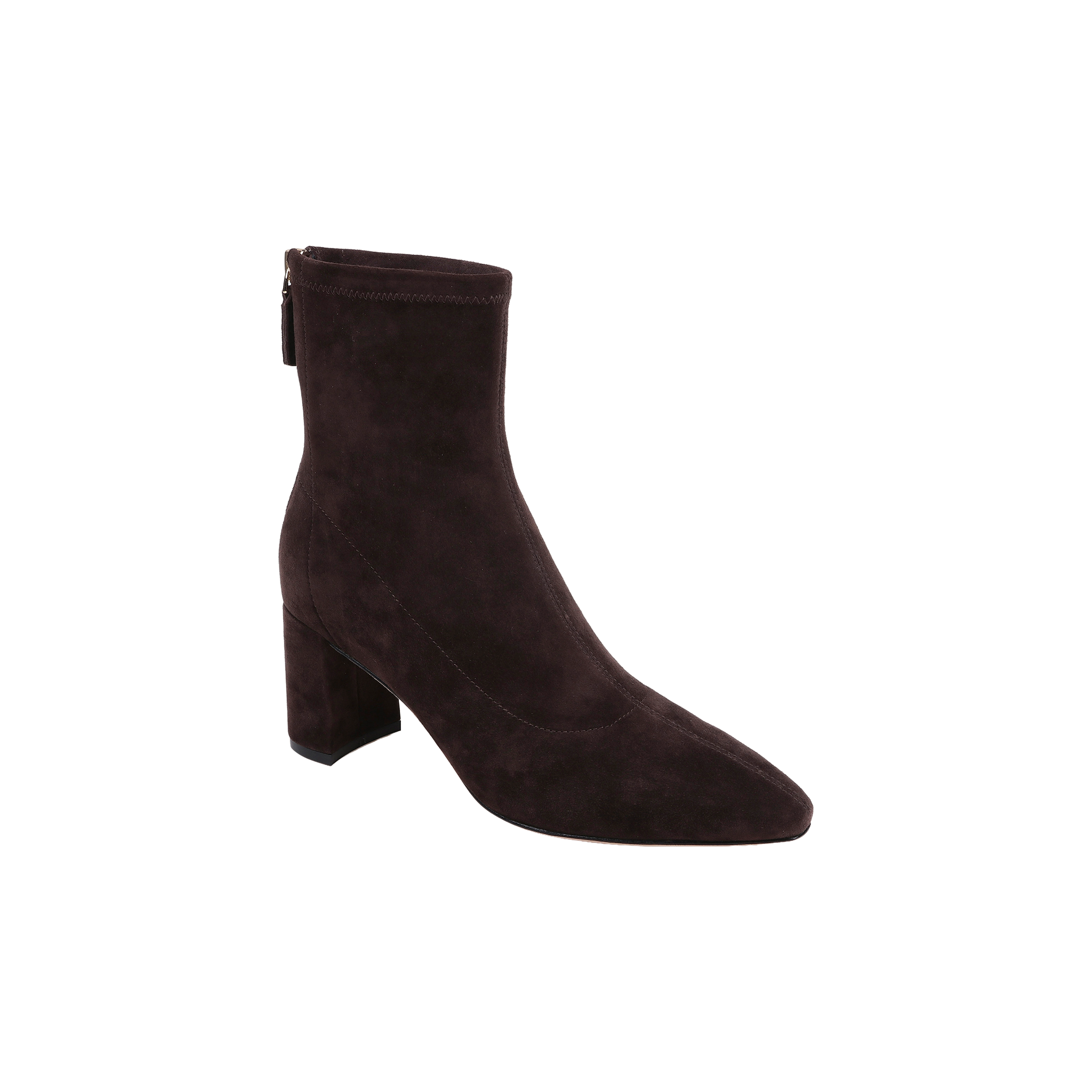 The Salome Stretch Suede Boot is a dark brown ankle boot crafted from suede, designed with a pointed toe, a mid-height block heel, and a convenient back zipper.