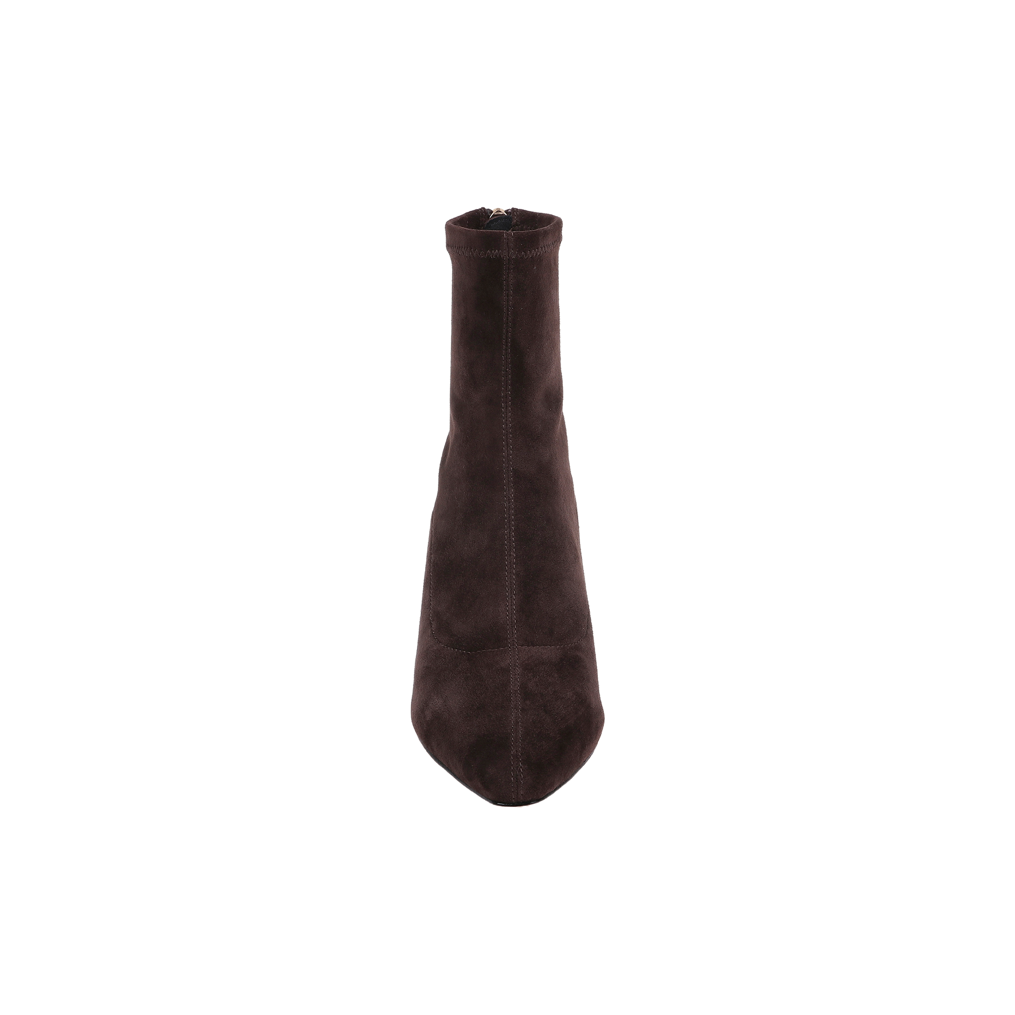 The Salome Stretch Suede Boot, shown from above on a white background, features a single dark brown suede ankle design with a pointed toe and visible central stitching.
