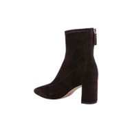 The Salome Stretch Suede Boot is a dark brown suede ankle boot with a chunky block heel and a back zipper, shown in profile against a white background.