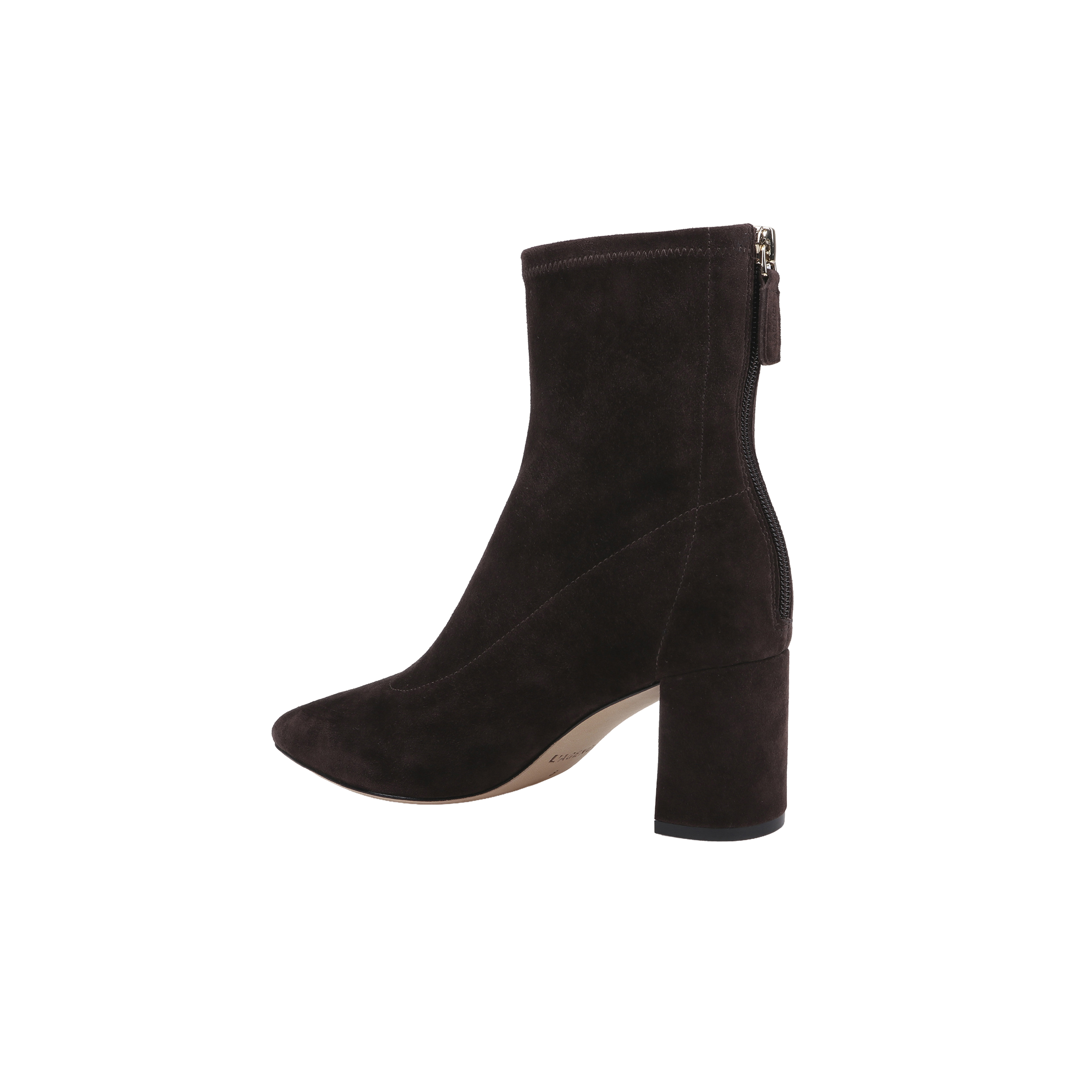 The Salome Stretch Suede Boot is a dark brown suede ankle boot with a chunky block heel and a back zipper, shown in profile against a white background.