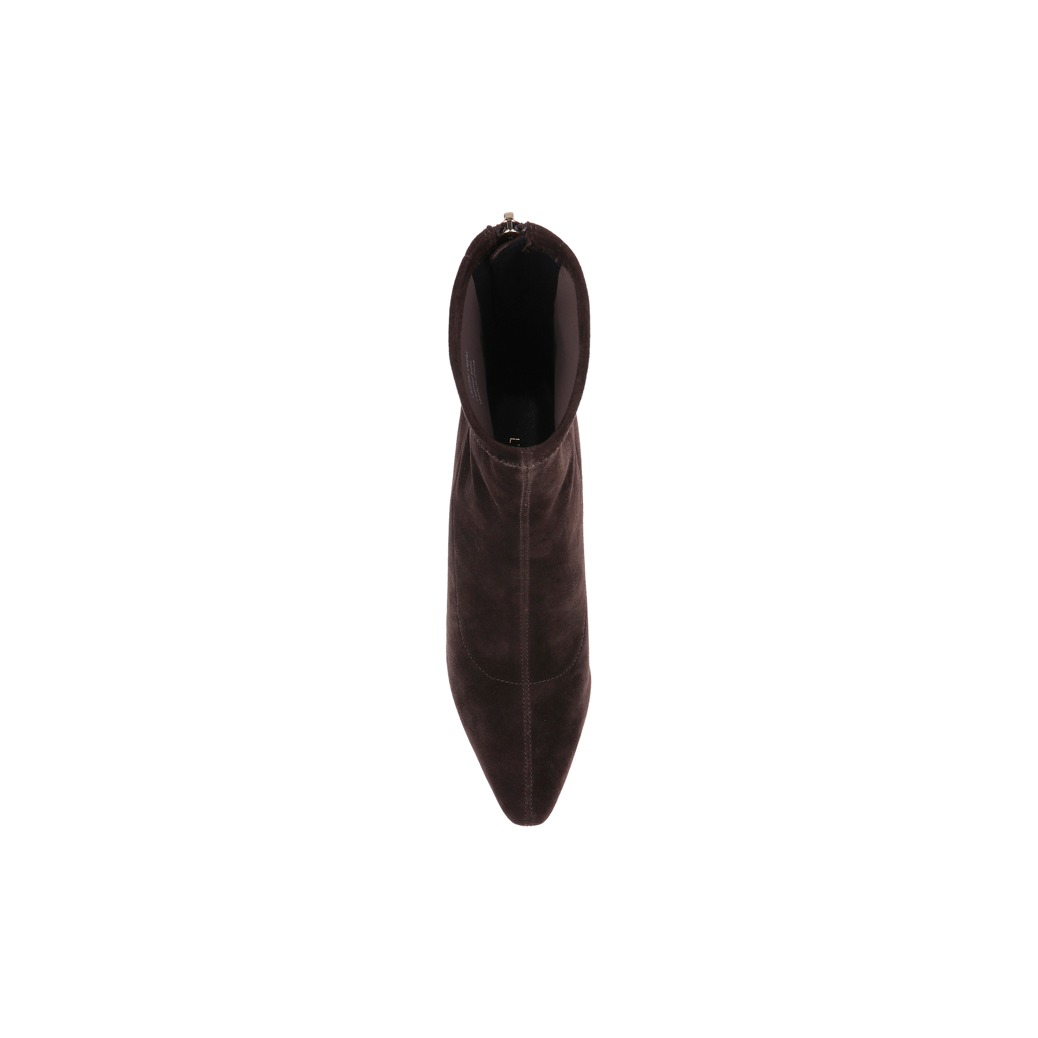 Top view of a single Salome Stretch Suede Boot in dark brown, featuring a pointed toe and block heel, set against a plain white background.