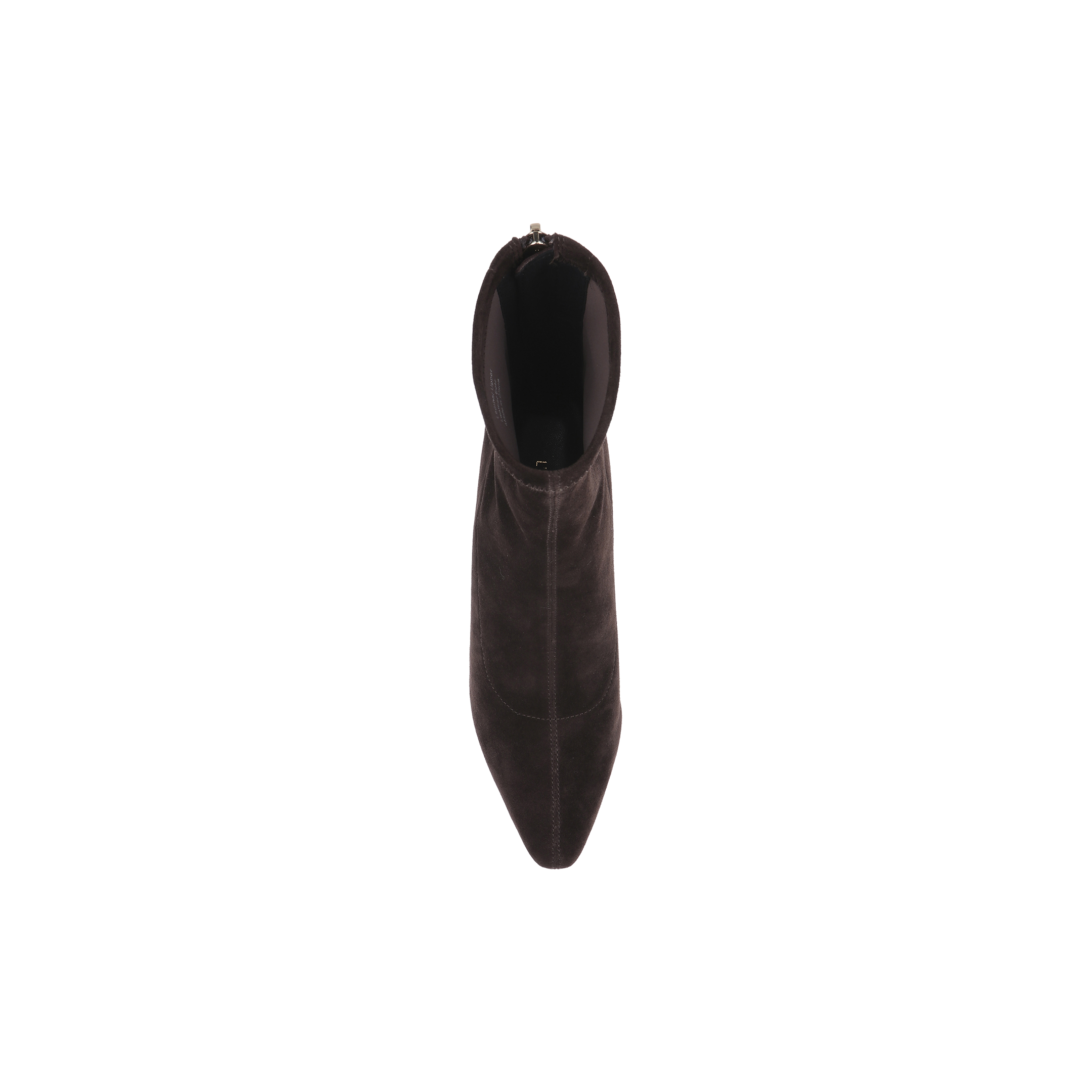 Top view of a single Salome Stretch Suede Boot in dark brown, featuring a pointed toe and block heel, set against a plain white background.