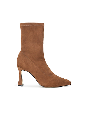 The Severine Flare Heel Boot features brown stretch-suede, a pointed toe, mid-calf shaft, high flared heel, minimalist stitching, sleek modern silhouette, and all-day comfort with a memory foam insole.