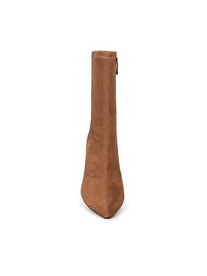 The Severine Flare Heel Boot is shown from the back in brown stretch-suede, with a vertical zipper, seam accents, and minimalist design. It features a memory foam insole for comfort and is set against a white background.