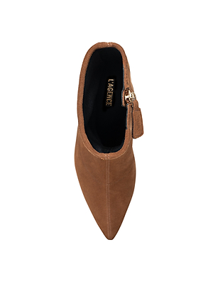 Top view of the Severine Flare Heel Boot in brown stretch suede with a pointed toe, flared heel, side zipper, and black memory foam insole stamped with VAGABOND in gold, photographed on a white background.