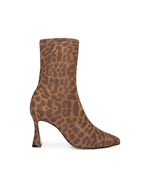 The Severine Stretch-Suede Boot is a brown ankle boot with a pointed toe, mid-height flared heel, and an all-over bold leopard print suede pattern.