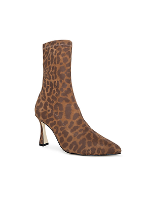 The Severine Stretch-Suede Boot is a high-heeled ankle boot with a pointed toe and flared heel, made from brown and black leopard print suede, shown on a white background.