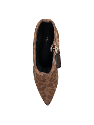 Top view of the Severine Stretch-Suede Boot in brown leopard print with a pointed toe, flared heel, side zipper, and small pull tab, displayed against a white background.