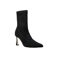 The Severine Stretch-Suede Boot is a black mid-shaft boot crafted from stretch suede, featuring a pointed toe and a flared, mid-height heel. It is shown against a plain white background.