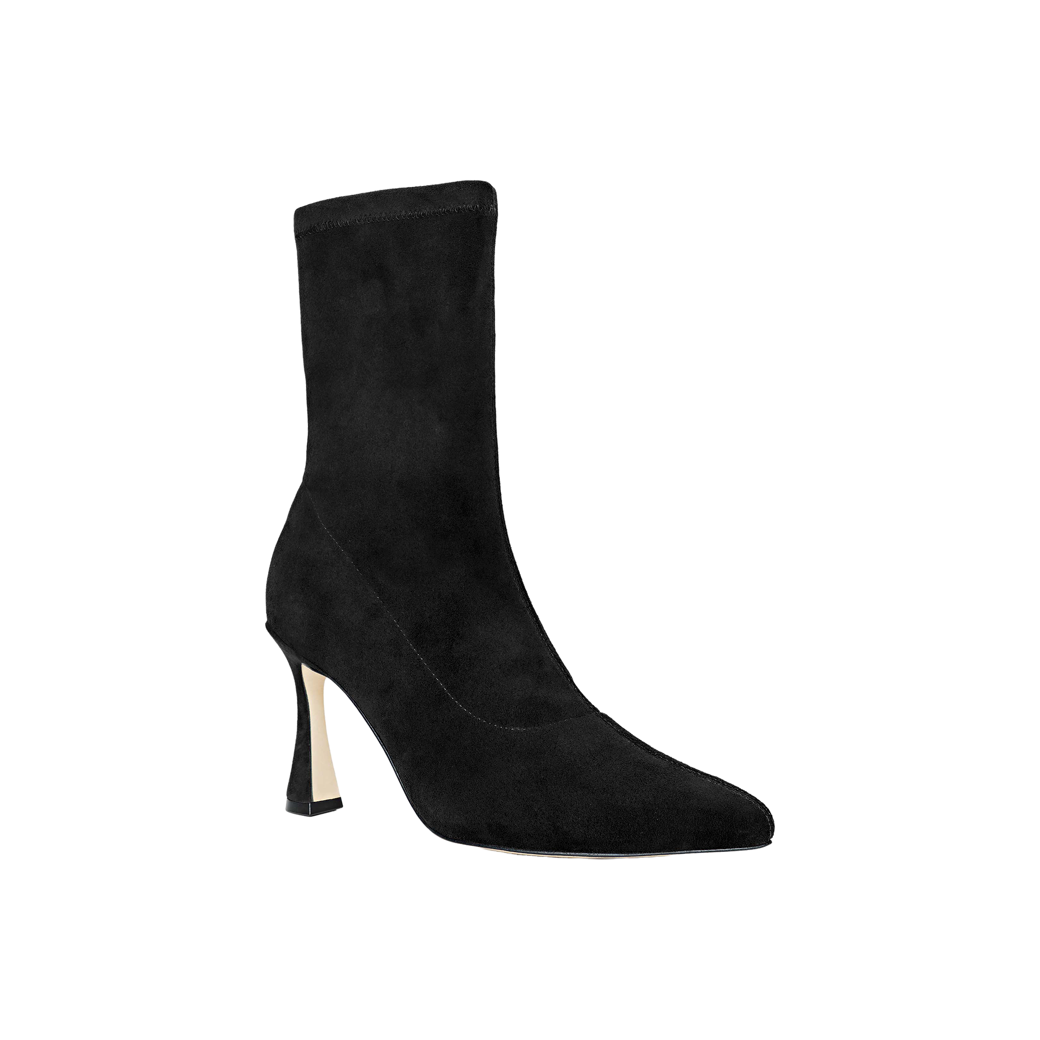 The Severine Stretch-Suede Boot is a black mid-shaft boot crafted from stretch suede, featuring a pointed toe and a flared, mid-height heel. It is shown against a plain white background.