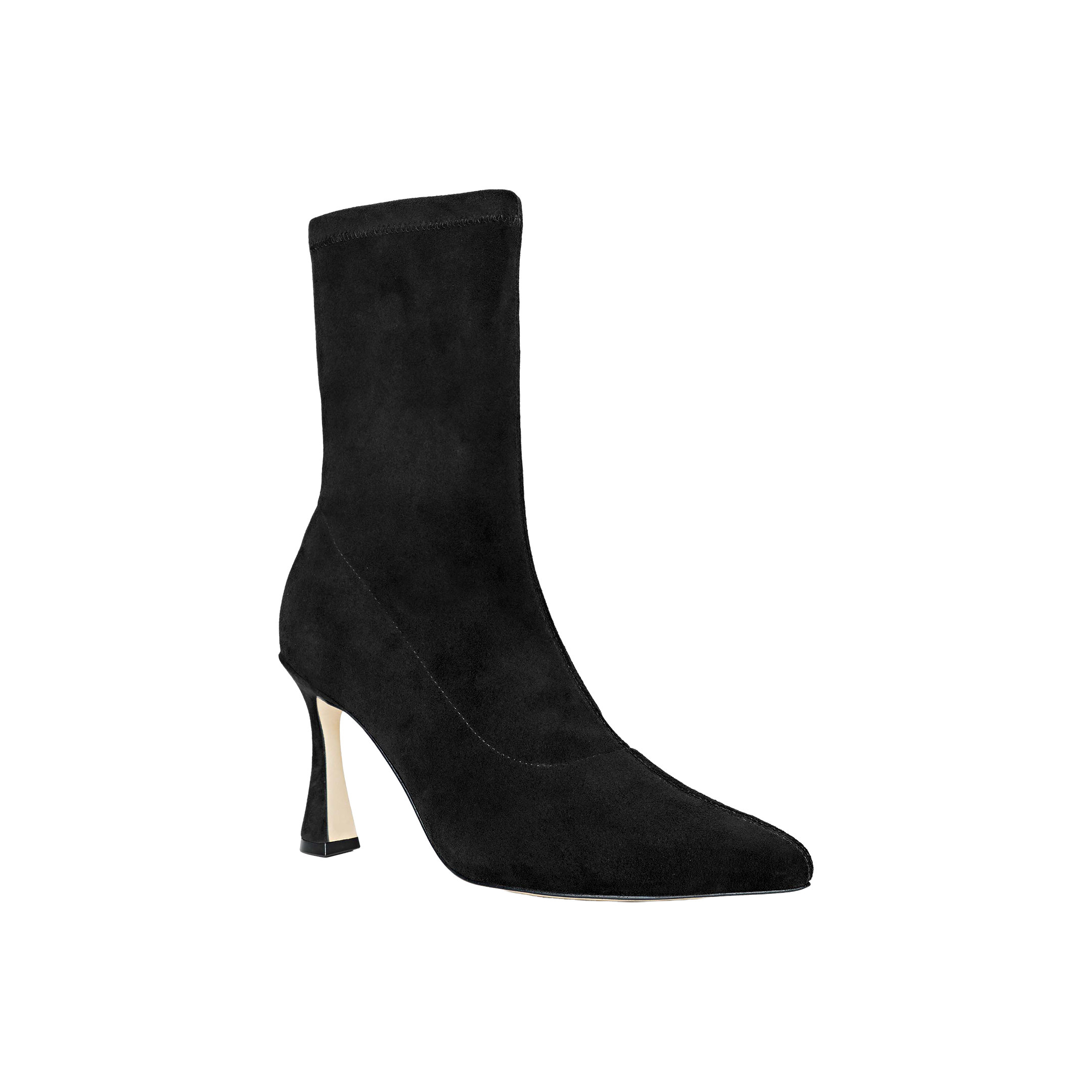 The Severine Stretch-Suede Boot is a black mid-shaft boot crafted from stretch suede, featuring a pointed toe and a flared, mid-height heel. It is shown against a plain white background.