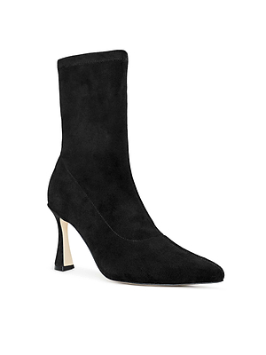 The Severine Stretch-Suede Boot features black stretch suede, a pointed toe, and a unique flared heel, displayed against a white background.