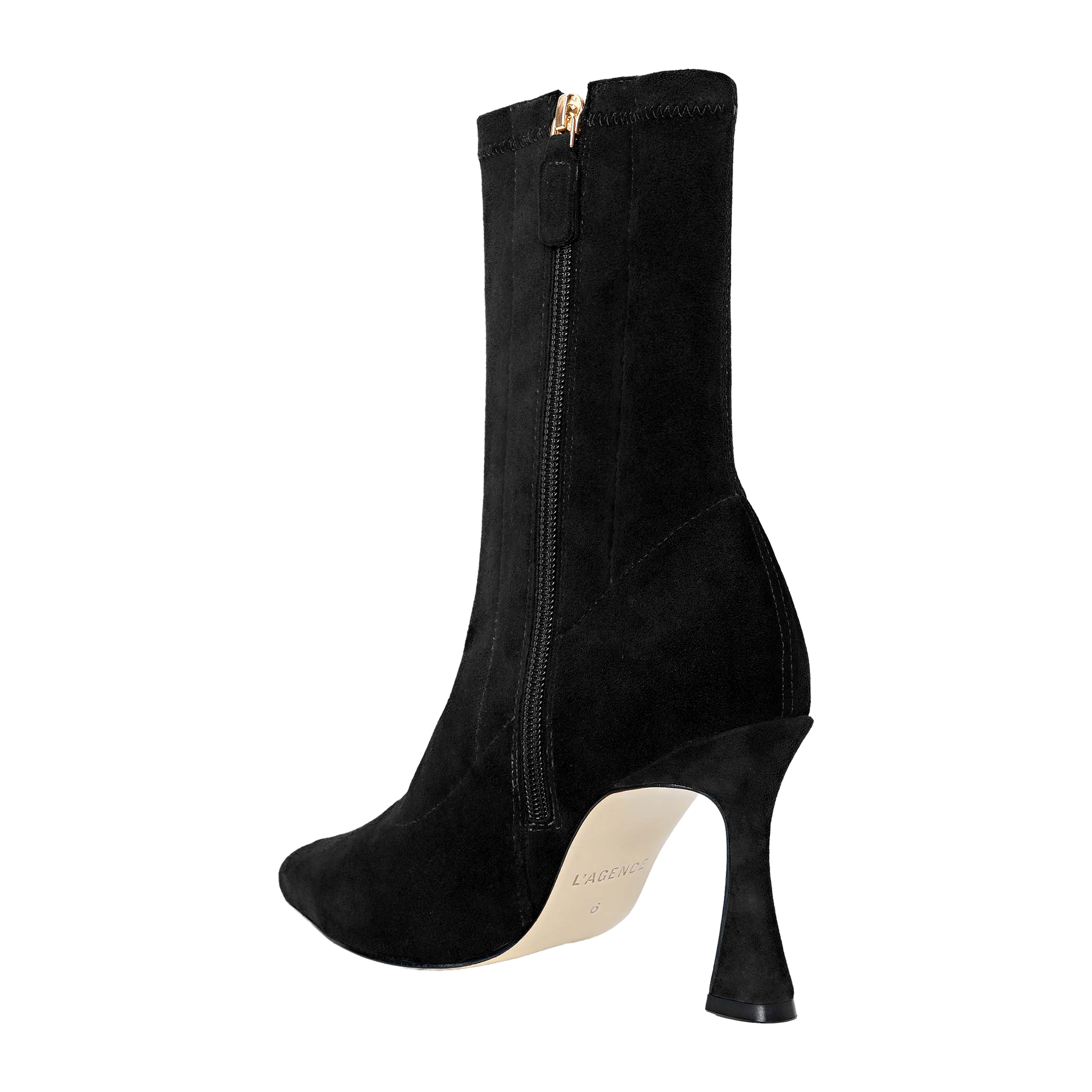 The Severine Stretch-Suede Boot is a black, mid-calf boot crafted from stretch suede, featuring a side zipper and a fashionable flared heel, shown against a plain white background.