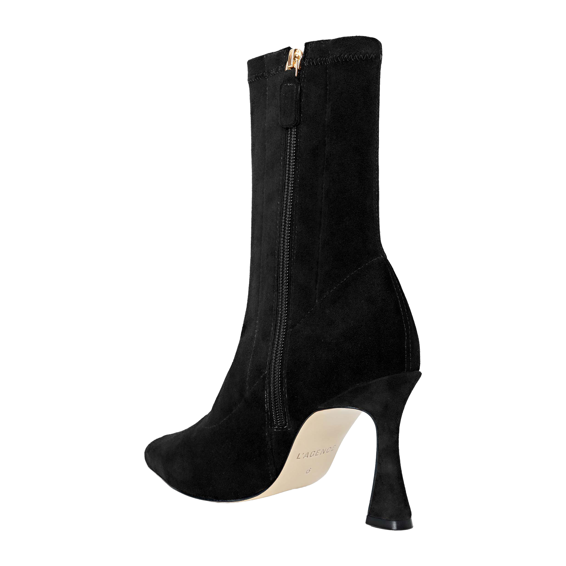 The Severine Stretch-Suede Boot is a black, mid-calf boot crafted from stretch suede, featuring a side zipper and a fashionable flared heel, shown against a plain white background.