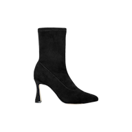The Severine Stretch-Suede Boot is a black ankle boot crafted from stretch suede, featuring a pointed toe and a bold flared high heel, presented against a plain white background.