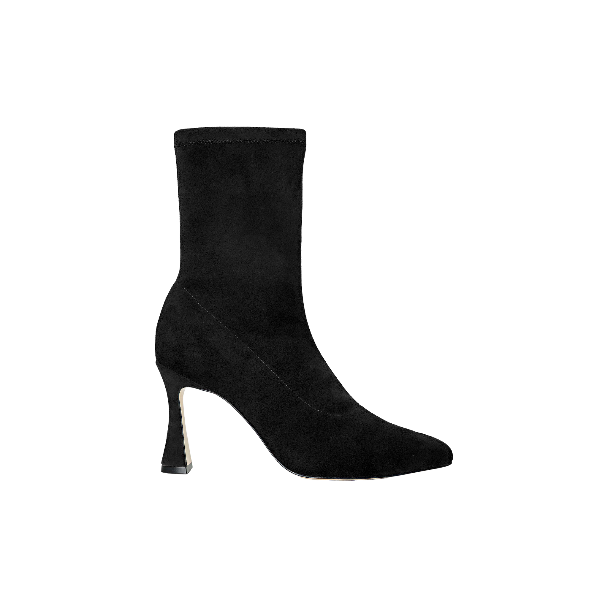 The Severine Stretch-Suede Boot is a black ankle boot crafted from stretch suede, featuring a pointed toe and a bold flared high heel, presented against a plain white background.