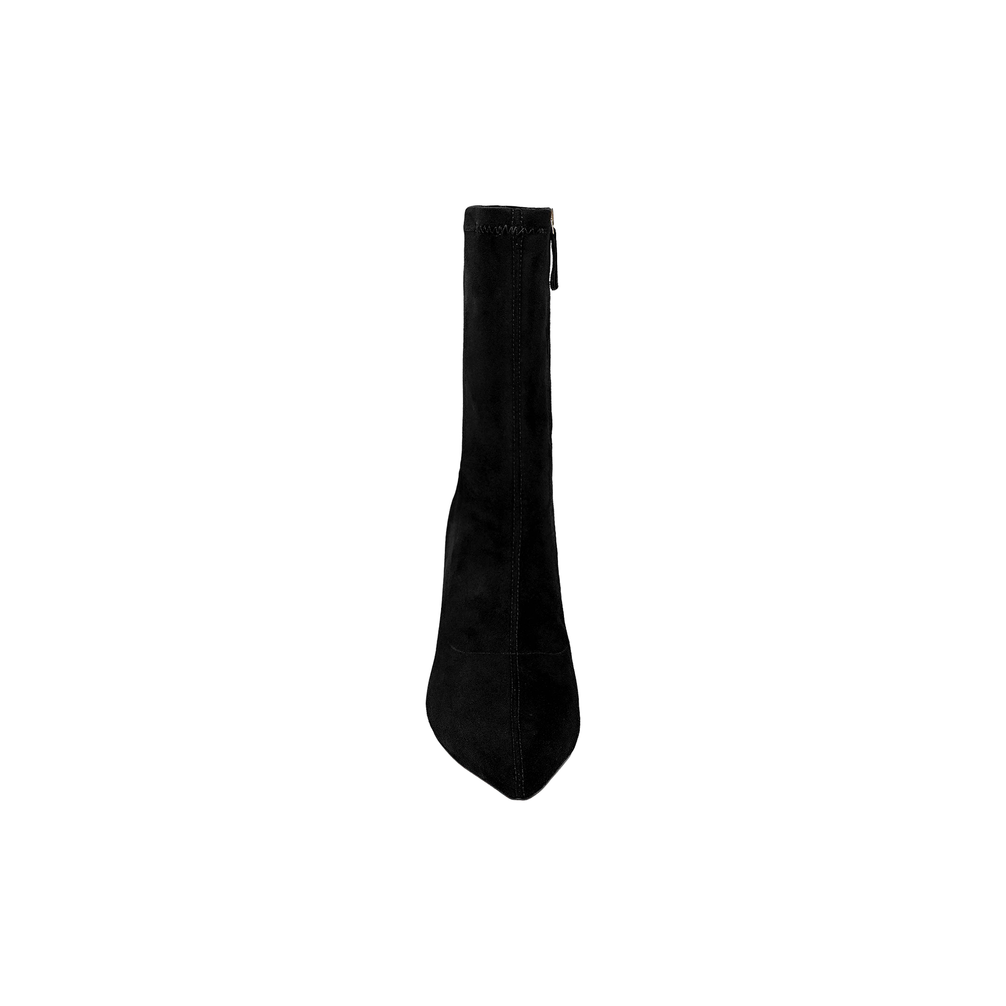 The Severine Stretch-Suede Boot, featuring a black suede finish, pointed toe, and high flared heel, is displayed from a top-down perspective against a plain white background.