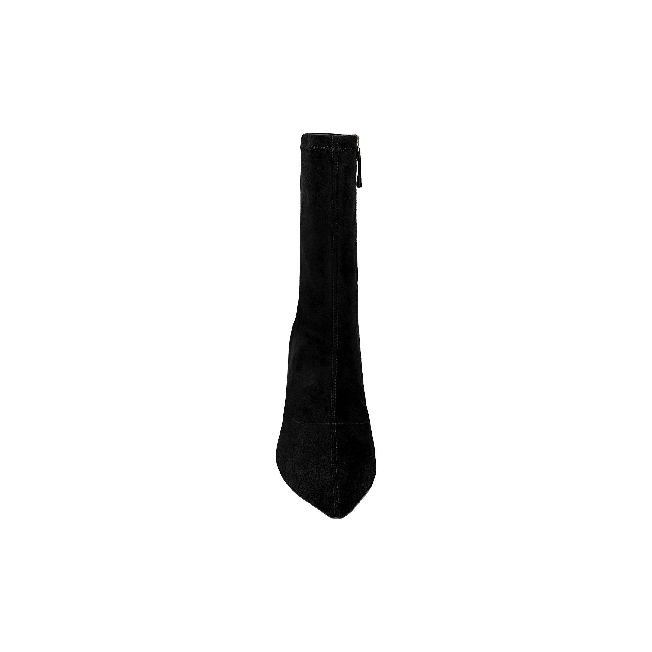 The Severine Stretch-Suede Boot, featuring a black suede finish, pointed toe, and high flared heel, is displayed from a top-down perspective against a plain white background.