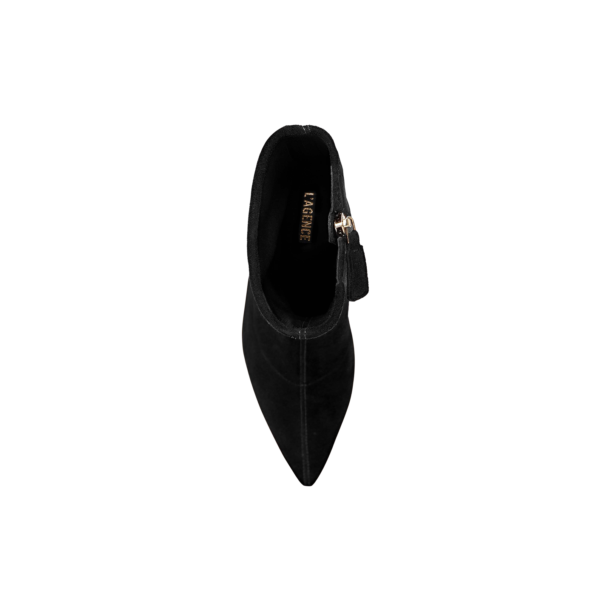 Top view of a single black Severine Stretch-Suede Boot featuring a pointed toe, gold zipper on the side, and “MACARIE” inscribed on the insole, displayed against a plain white background.
