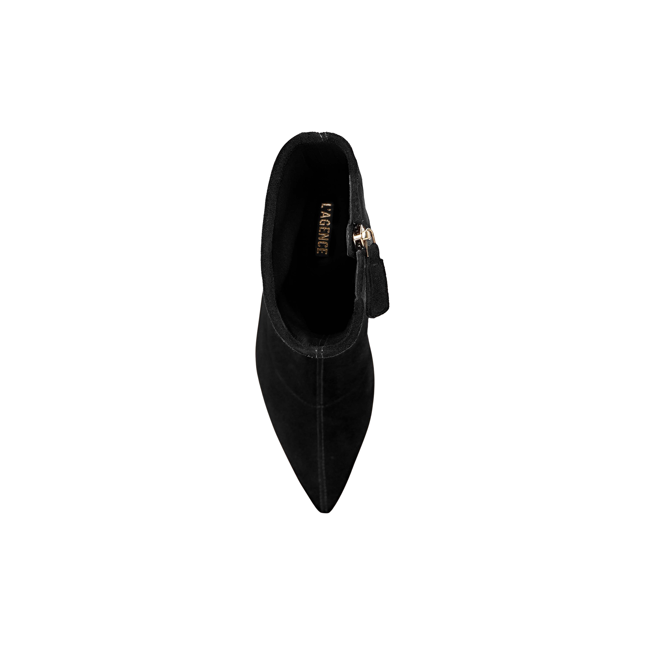 Top view of a single black Severine Stretch-Suede Boot featuring a pointed toe, gold zipper on the side, and “MACARIE” inscribed on the insole, displayed against a plain white background.
