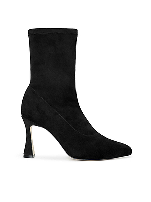 The Severine Stretch-Suede Boot in black features a pointed toe and flared high heel, shown from the side on a white background.
