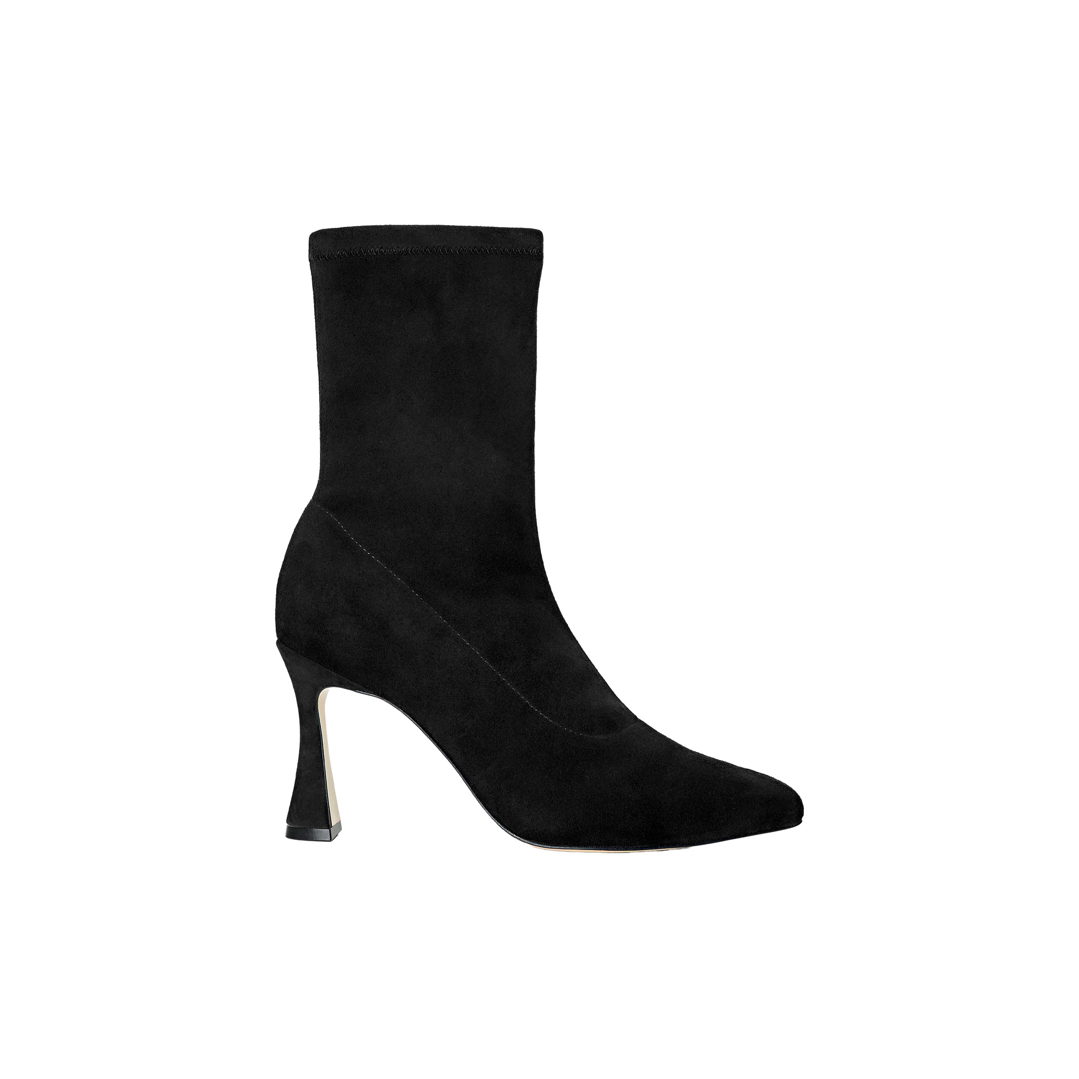 The Severine Stretch-Suede Boot is a black, mid-calf boot crafted from stretch suede, featuring a pointed toe and a distinctive flared heel, displayed in side profile against a plain white background.