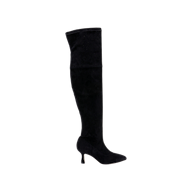 The Clarin Over-the-Knee Boot, featuring black stretch suede, a pointed toe, and a flared heel, is displayed on a plain white background.