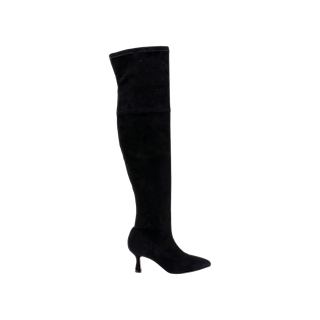 A single Clarin Over-the-Knee Boot in black, featuring a pointed toe and a slim flared heel, is shown from the side against a plain white background.
