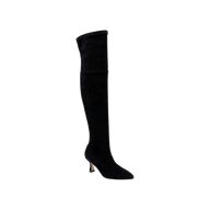 The Clarin Over-the-Knee Boot is a black, stretch suede boot featuring a pointed toe and a mid-height flared heel, displayed against a plain white background.