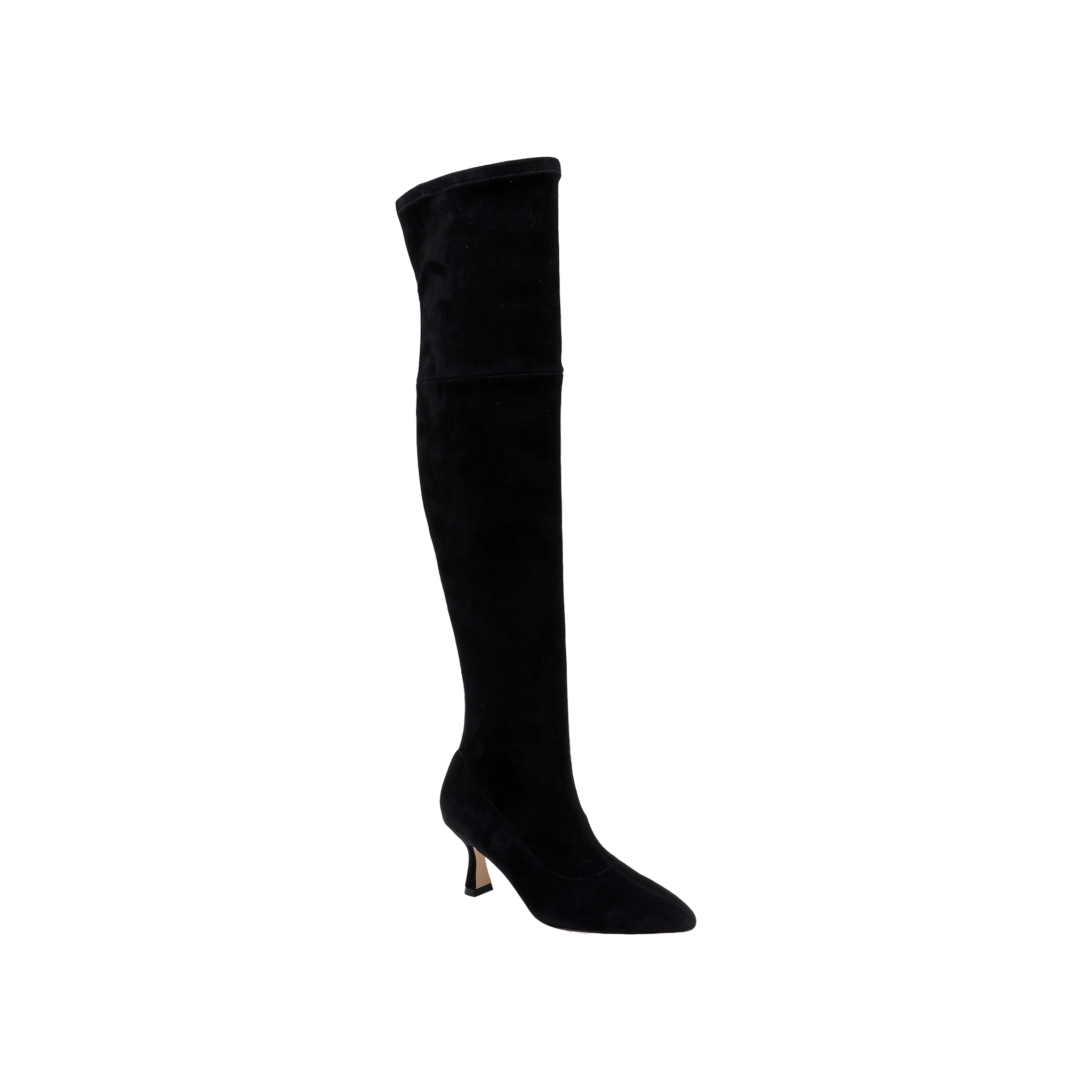 The Clarin Over-the-Knee Boot is a black, stretch suede boot featuring a pointed toe and a mid-height flared heel, displayed against a plain white background.