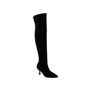 The Clarin Over-the-Knee Boot is a single black, knee-high suede boot featuring a pointed toe and a short, flared heel, displayed on a plain white background.