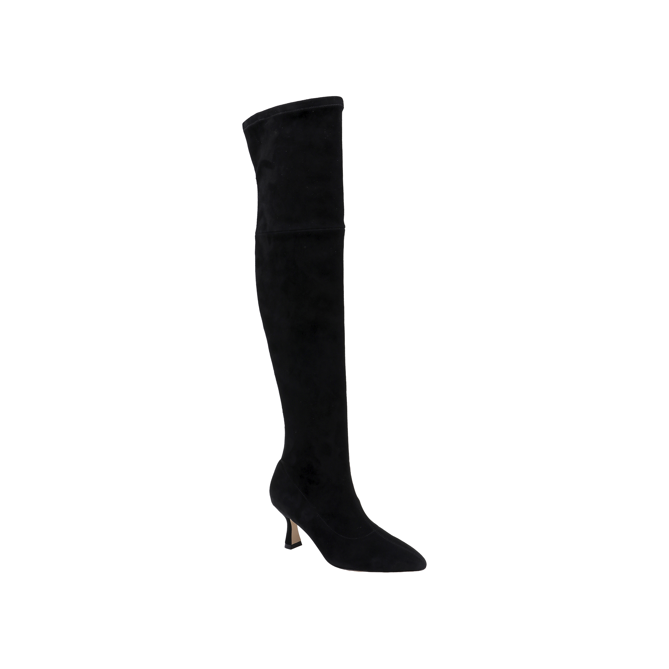 The Clarin Over-the-Knee Boot is a black, stretch suede boot featuring a pointed toe and a mid-height flared heel, displayed against a plain white background.