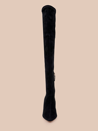 The Clarin Over-the-Knee Boot in black suede is displayed upright against a plain beige background, shown from the front with its side zipper visible and featuring a stylish flared heel.