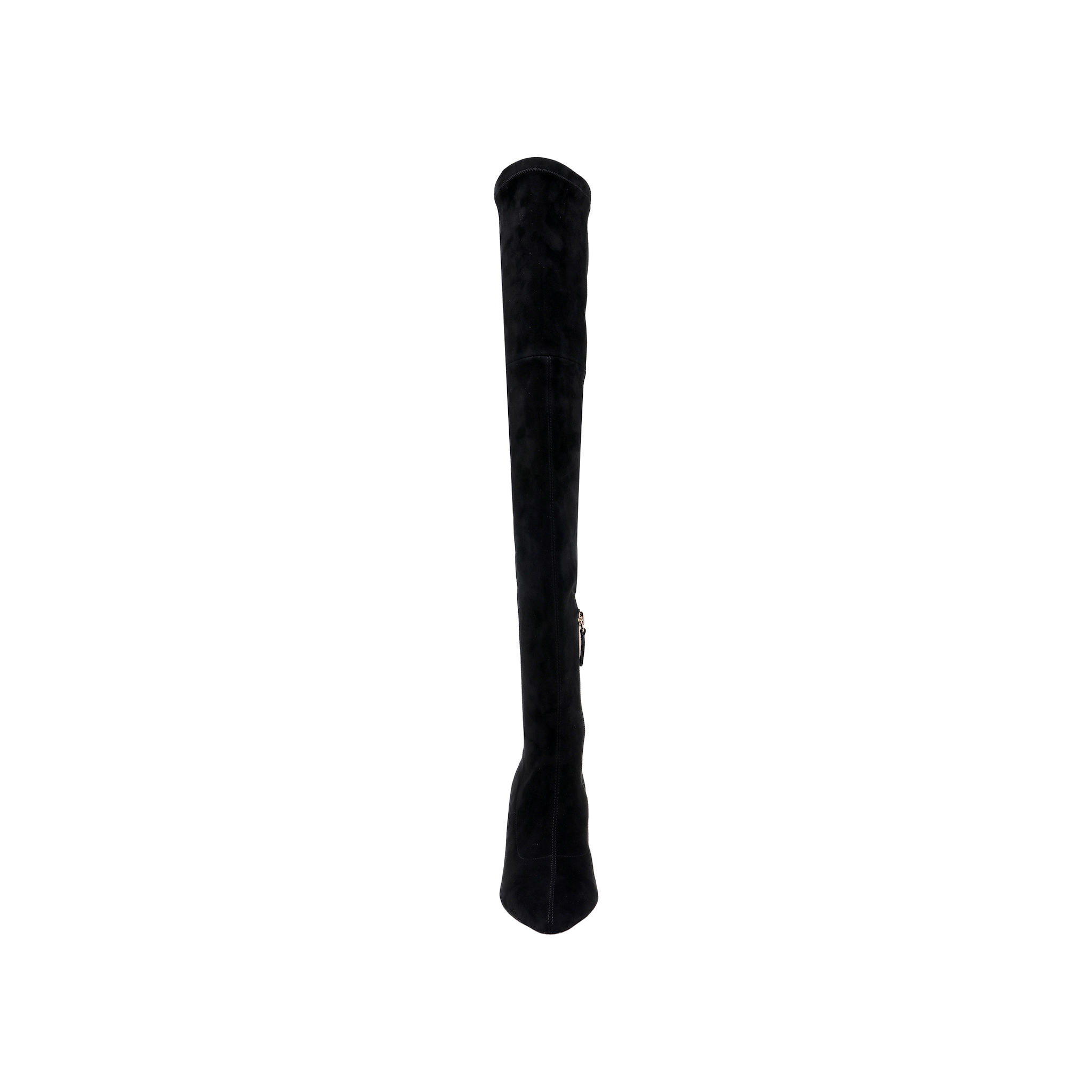 The Clarin Over-the-Knee Boot, shown from the front and centered on a plain white background, is a single black boot crafted from stretch suede and designed with a flared heel for added style.
