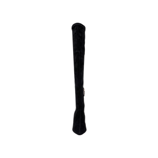 A single Clarin Over-the-Knee Boot in black suede, featuring a subtle flared heel, is displayed vertically against a plain white background.