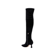 The Clarin Over-the-Knee Boot is a single black stretch suede boot featuring a pointed toe, stiletto heel, and a subtle side zipper, showcased against a plain white background.