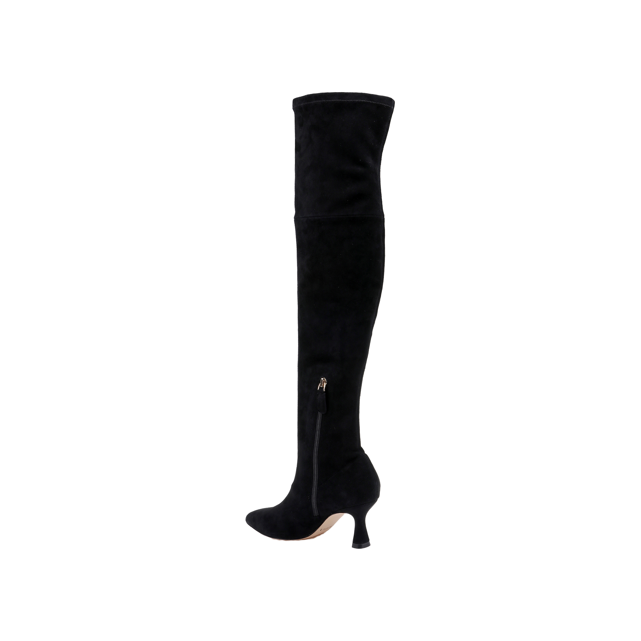 The Clarin Over-the-Knee Boot is a single black stretch suede boot featuring a pointed toe, stiletto heel, and a subtle side zipper, showcased against a plain white background.