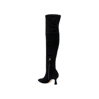 The Clarin Over-the-Knee Boot is shown in black suede with a pointed toe, a mid-height flared heel, and a side zipper, set against a plain white background.