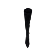 The Clarin Over-the-Knee Boot in black stretch suede is viewed from above, featuring a pointed toe, cylindrical shaft, and flared heel against a plain white background.