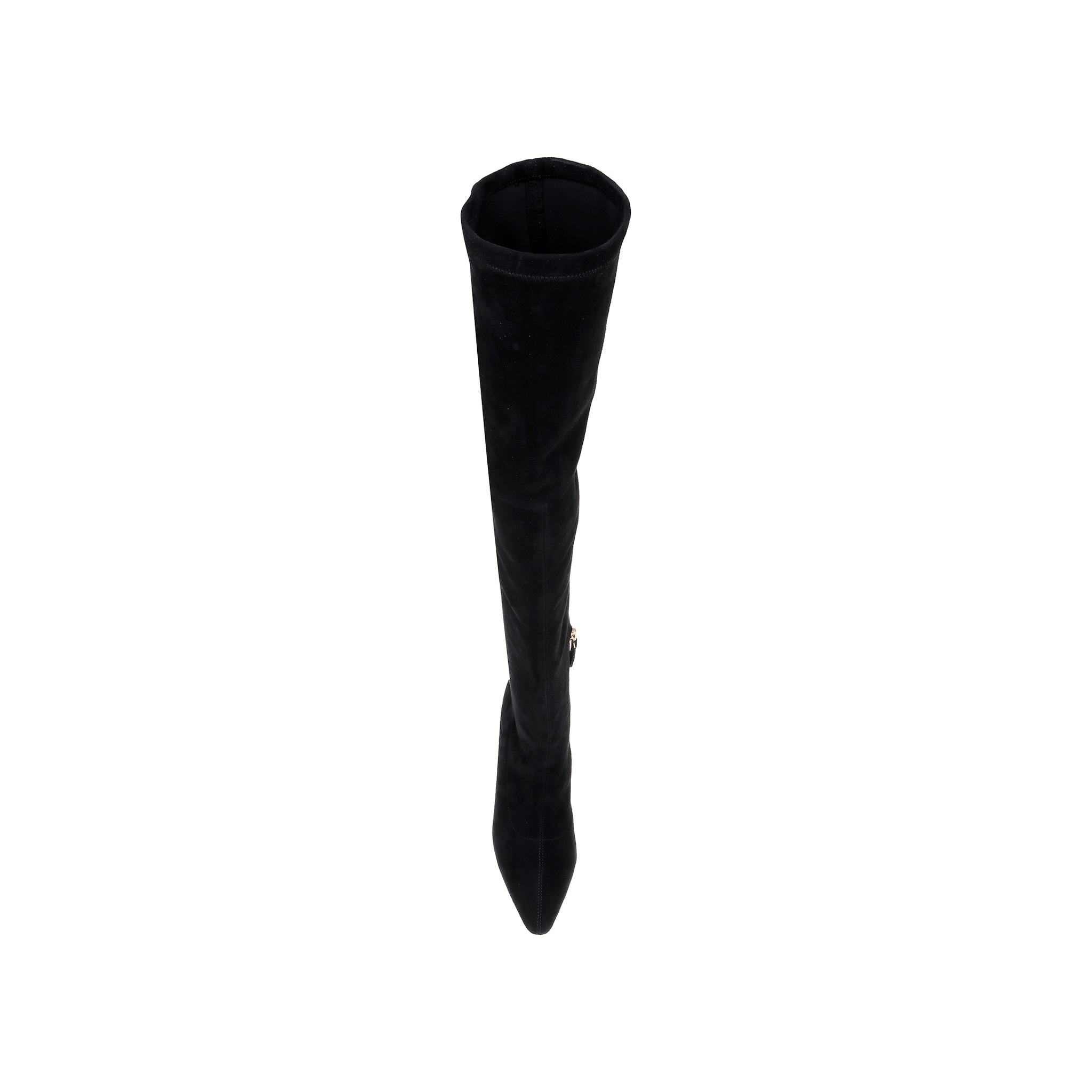 The Clarin Over-the-Knee Boot in black stretch suede is viewed from above, featuring a pointed toe, cylindrical shaft, and flared heel against a plain white background.