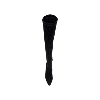 The Clarin Over-the-Knee Boot in black suede features a pointed toe and a flared heel, shown from above against a plain white background.