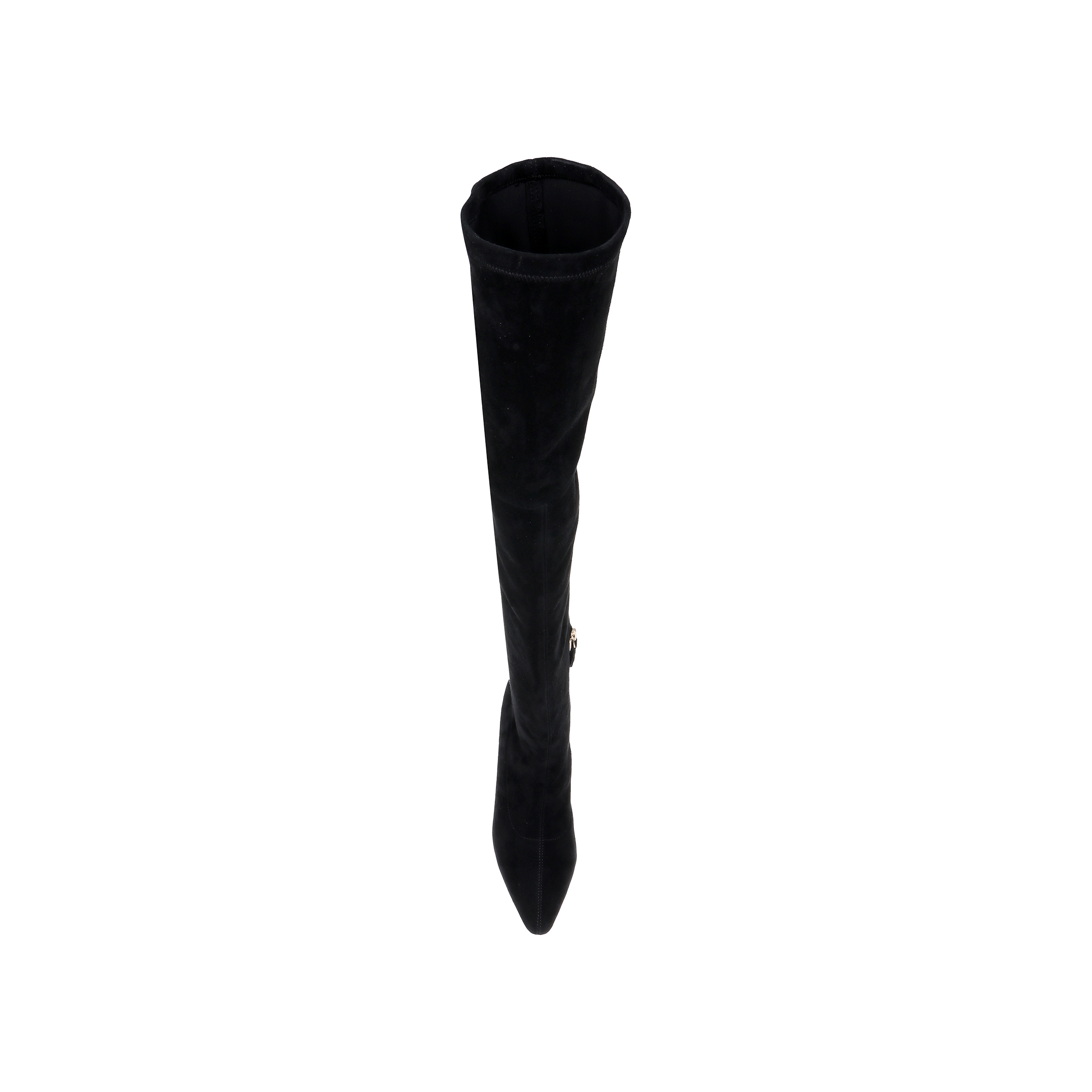The Clarin Over-the-Knee Boot in black stretch suede is viewed from above, featuring a pointed toe, cylindrical shaft, and flared heel against a plain white background.