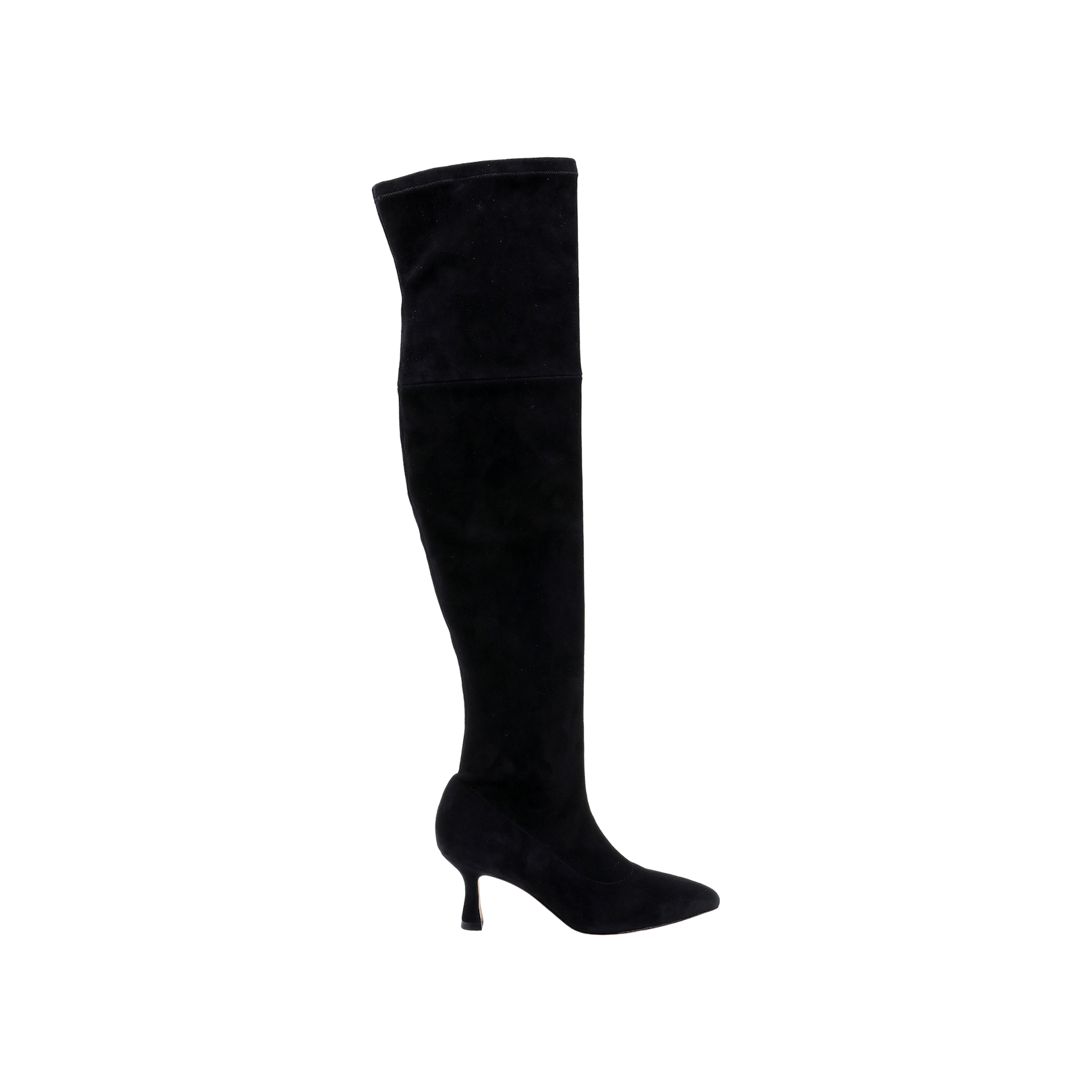 The Clarin Over-the-Knee Boot, a single black suede style with a pointed toe and a mid-height, subtly flared heel, is shown in profile against a plain white background.
