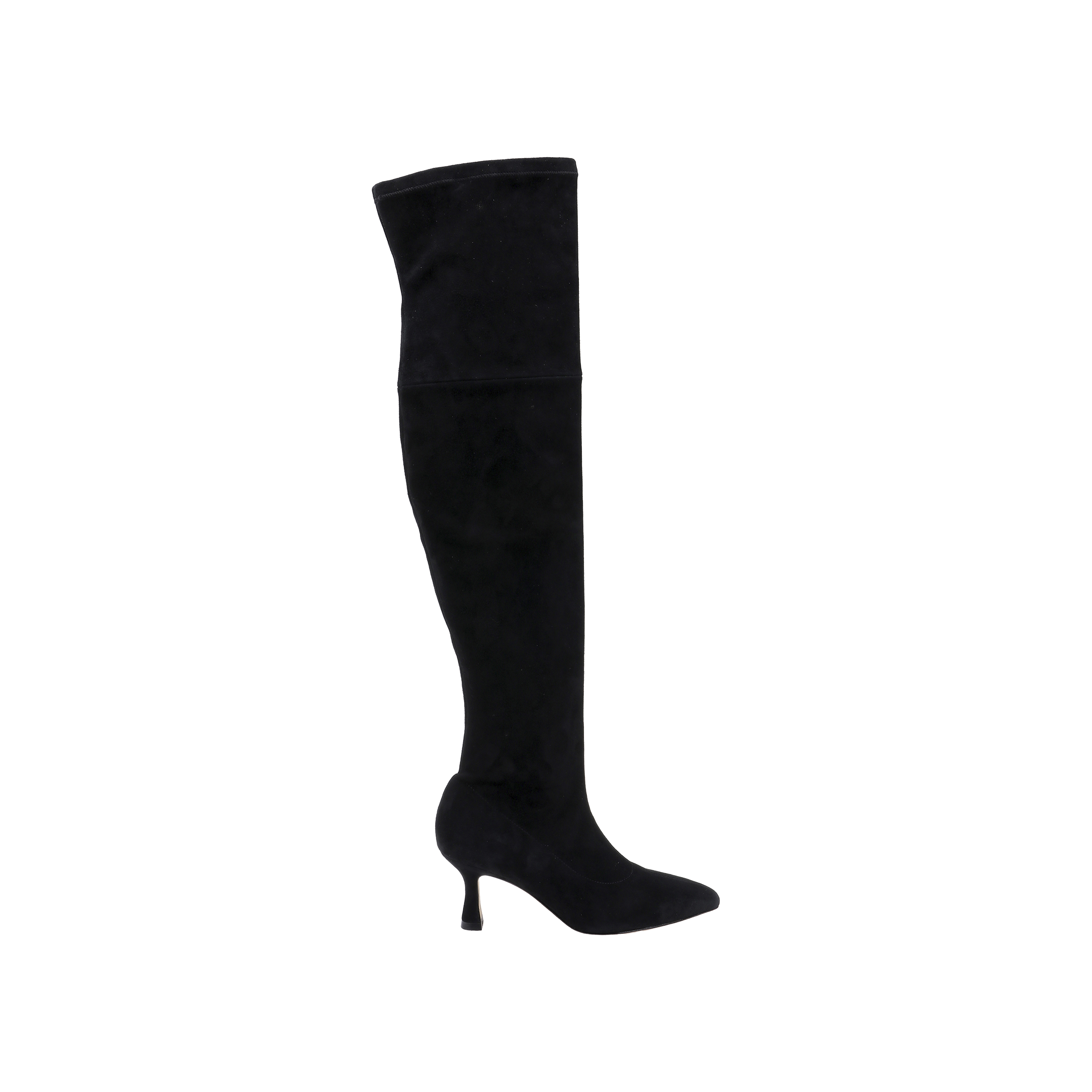 The Clarin Over-the-Knee Boot is a single black stretch suede boot featuring a pointed toe and flared heel, displayed from the side against a plain light background.