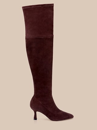 A single Clarin Over-the-Knee Boot in mahogany brown suede is displayed upright on a beige background.