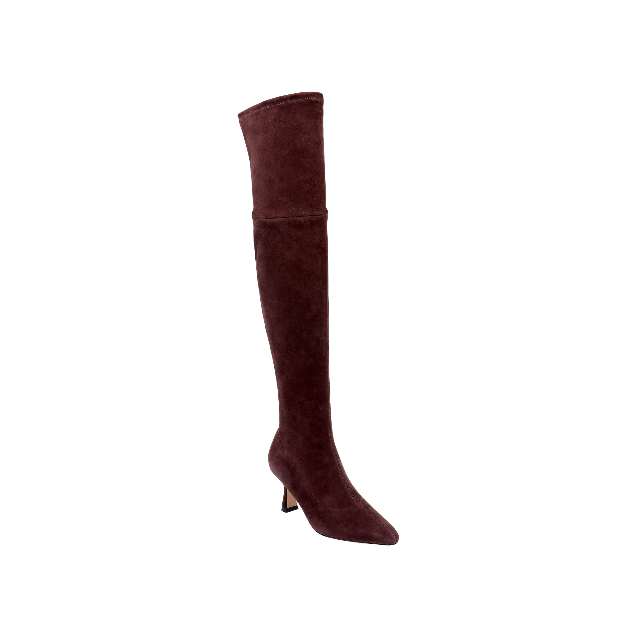 The Clarin Over-the-Knee Boot, crafted in mahogany brown suede with a pointed toe and a low, slim heel, is showcased as a single knee-high boot against a plain light gray background.